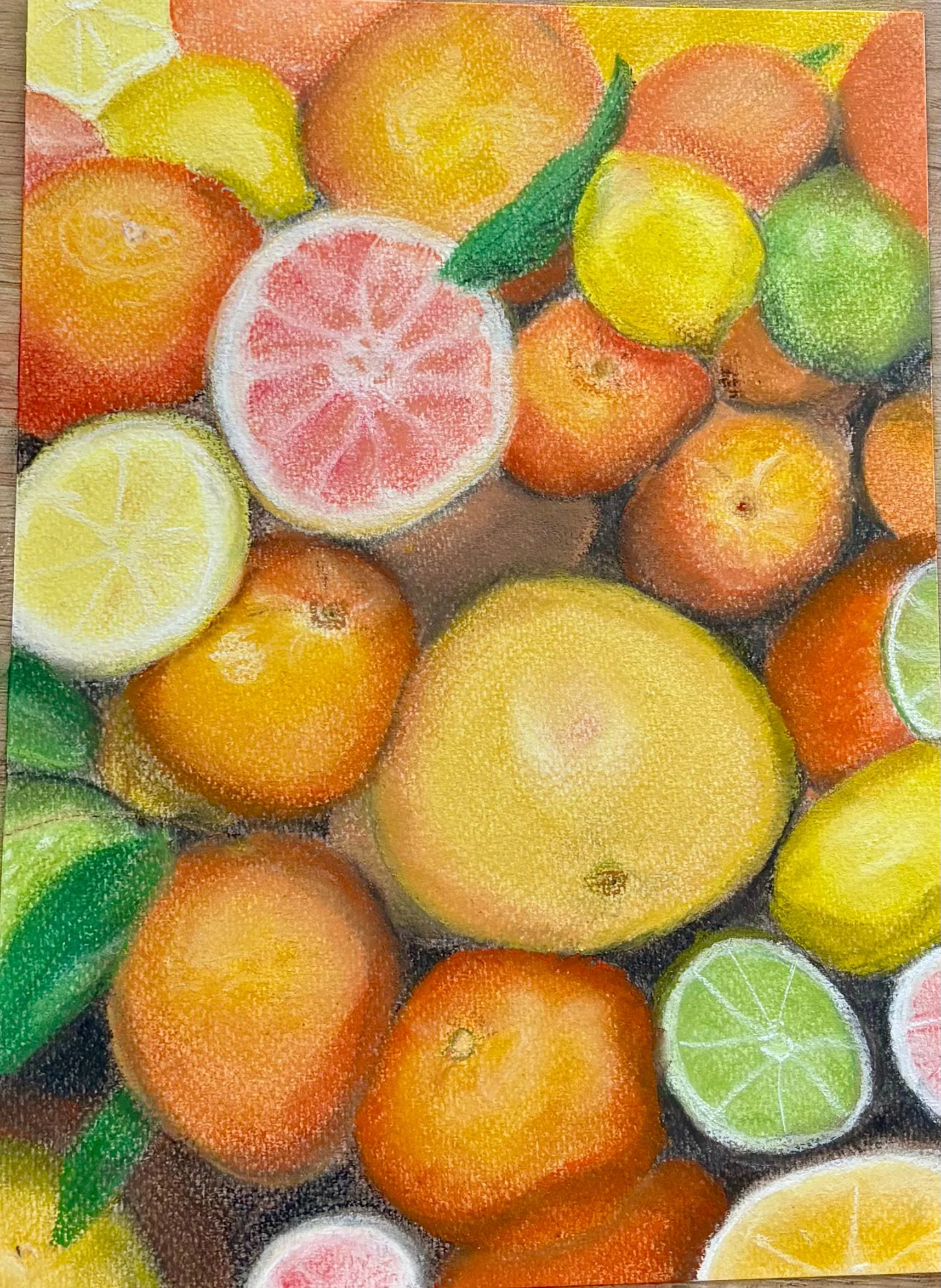 Pastel still life of oranges, lemons, limes and pink grapefruit